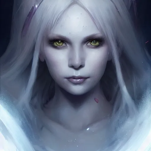 Image similar to kerli koiv as drow. d & d portrait character headshot, sharp, digital matte painting, anime key art by yoshitaka amano, greg rutkowski, wlop, dramatic lighting, trending on artstation