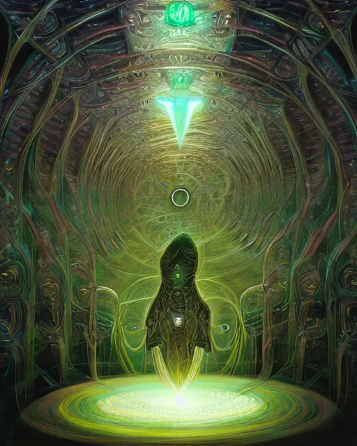 Image similar to a quantum computer, geometric crystal wiring, emerald circuits, highly advanced technology surrounded by a dark cabal of multiple hooded elven mystics in long dark robes gathered in a circular formation, dan seagrave art, michael whelan, artstation, cgsociety