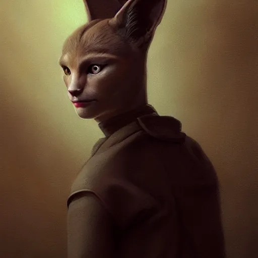 Image similar to portrait of a dystopian cute caracal wearing an outfit inspired by the handmaid ’ s tale ( 2 0 1 7 ), intricate, headshot, highly detailed, digital painting, artstation, concept art, sharp focus, cinematic lighting, digital painting, art by artgerm and greg rutkowski, alphonse mucha, cgsociety