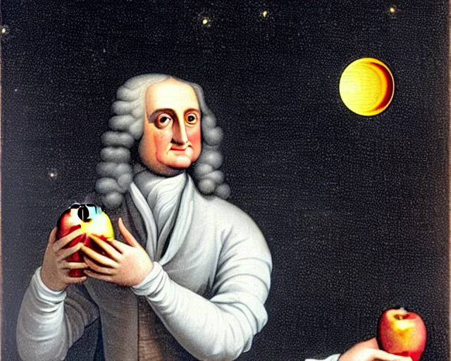 Image similar to isaac newton holding an apple in his hands and looking at the moon