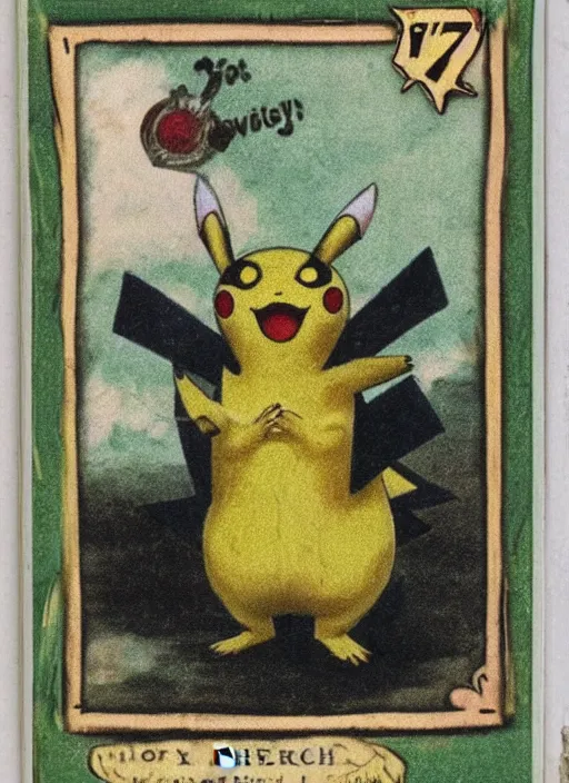 Prompt: creepy pikachu Pokémon card from the 1700s