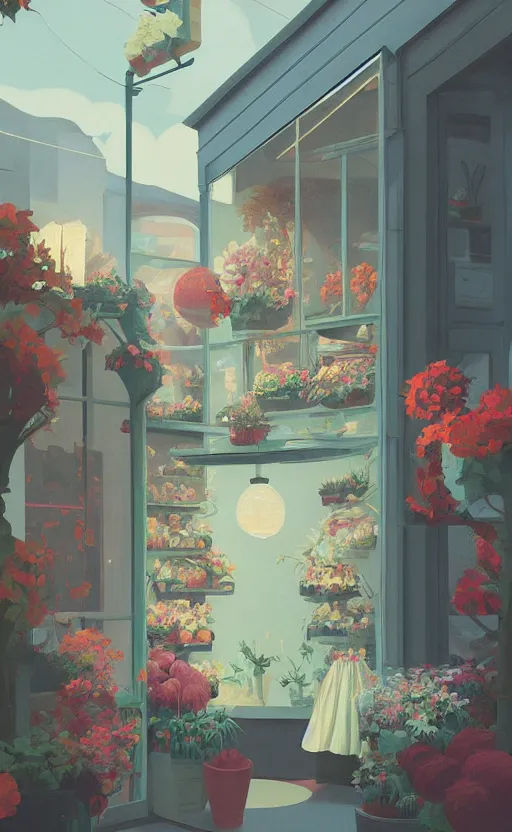 Prompt: cute cozy florist store, surreal cinematic illustration, by atey ghailan and escher and edward hopper