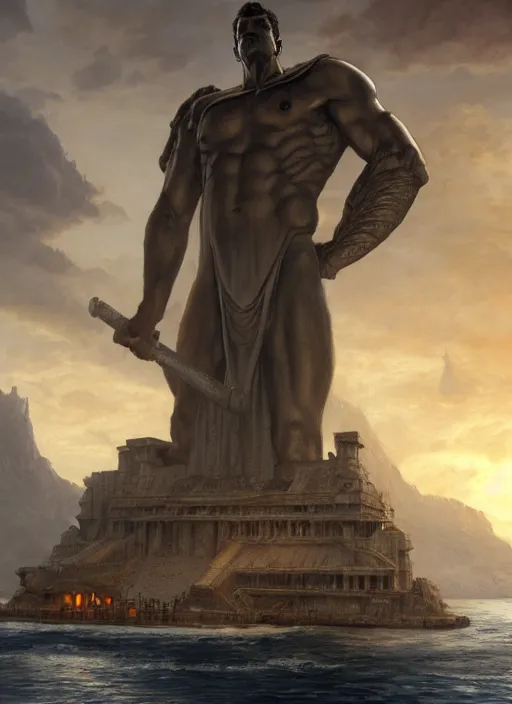 Prompt: the colossus of rhodes, epic fantasy horror digital matte painting by steve henderson and mark brooks ( and greg rutkowski ), extremely detailed, artstation