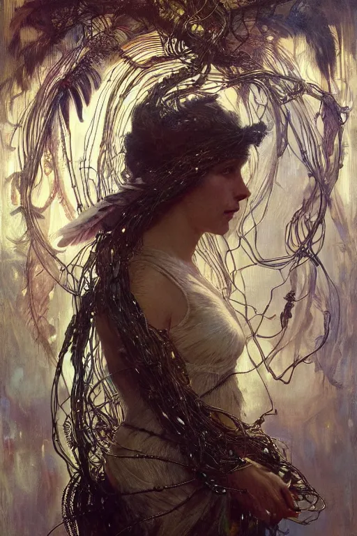 Image similar to hyperrealist portrait of a human with eagle head, it is decorated with long wires and feathers that fall like vines with lots of computer monitors in the background. by jeremy mann and alphonse mucha, fantasy art, photo realistic, dynamic lighting, artstation, poster, volumetric lighting, very detailed faces, 8 k, award winning