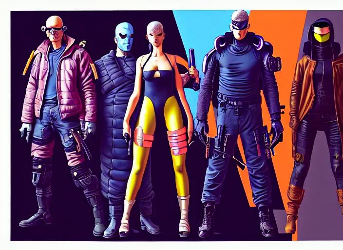 Image similar to cyberpunk ninja squad. portrait by stonehouse and mœbius and will eisner and gil elvgren and pixar. character design. realistic proportions. cyberpunk 2 0 7 7 character art, blade runner 2 0 4 9 concept art. cel shading. attractive face. thick lines. the team. diverse characters. artstationhq.