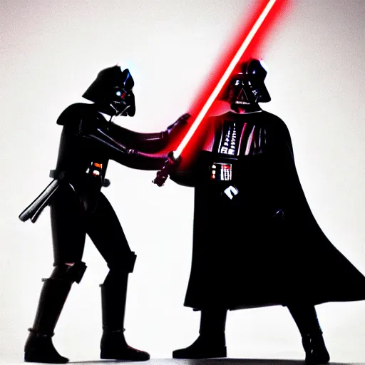 Image similar to darth vader lightsaber duel against anakin skywalker, dramatic lighting, epic scene