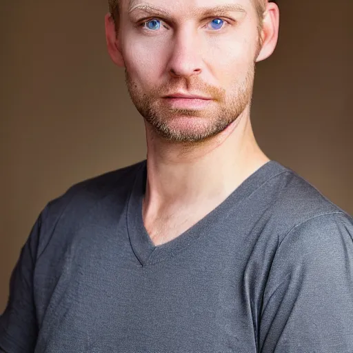 Prompt: full face color photograph of a 35 year old very handsome white man with very short light blond hair and small blue eyes, dressed in a maroon t shirt and black jeans, with very thin lips, with a straight nose and pale skin. He has masculine but gentle features.