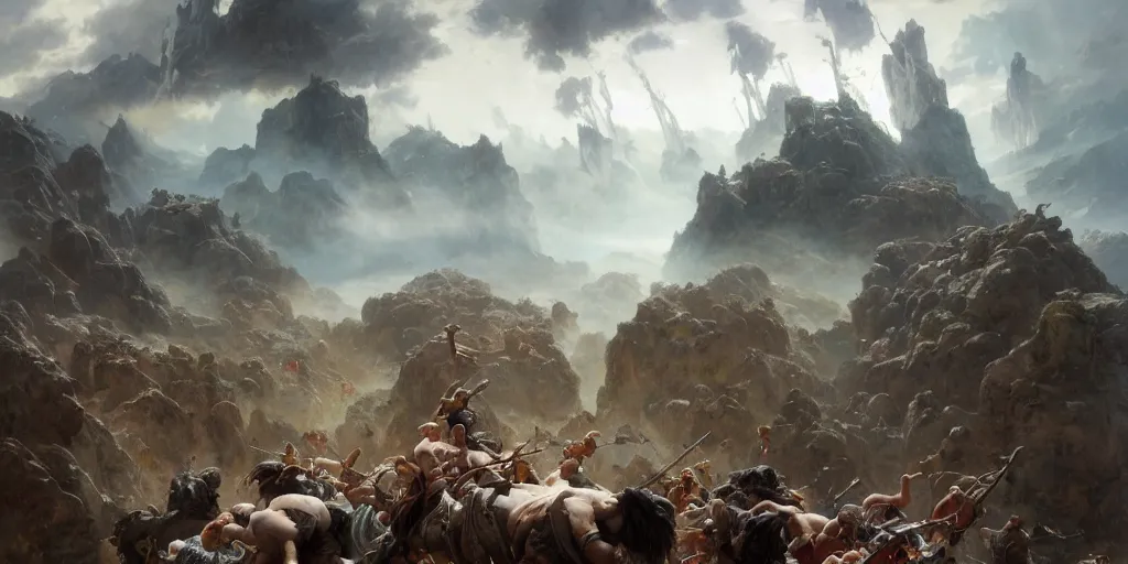 Image similar to barbarians, norse gods, fighting epic battle on rocks floating in the sky, celestial fortress in the clouds, thunder, good composition, artstation, 4 k illustration sharp focus cloceup sunlit painted by ruan jia raymond swanland lawrence alma tadema zdzislaw beksinski norman rockwell tom lovell alex malveda greg staples