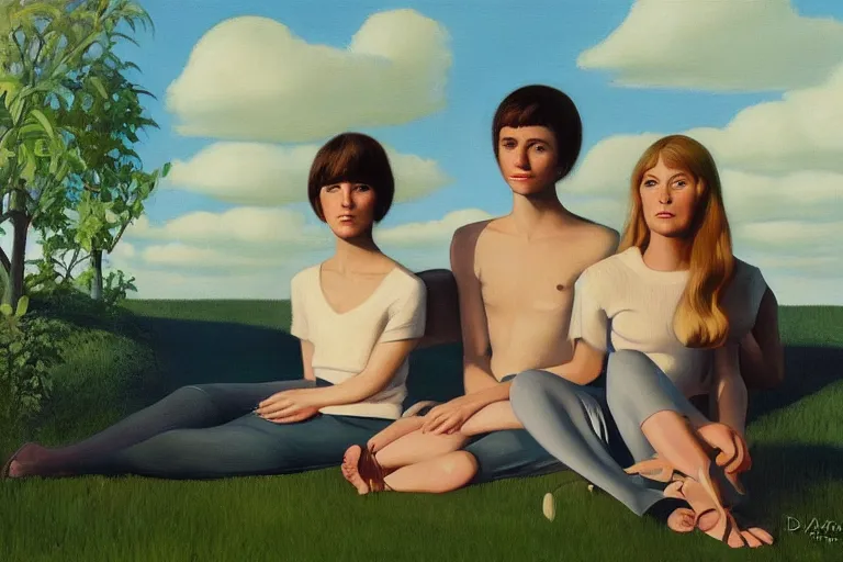 Prompt: beautiful painting of friends, beautiful faces, sitting on the edge, cute, soft light, digital painting by diane arbus and ralph mcquarrie and harry bertoia