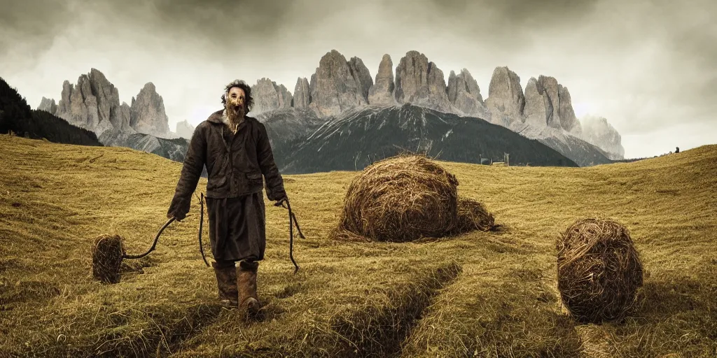 Image similar to alpine farmer transforming into a monster ,roots and hay coat, dolomites in background, dark, eerie, despair, portrait photography, artstation, highly detailed, sharp focus, by cronneberg