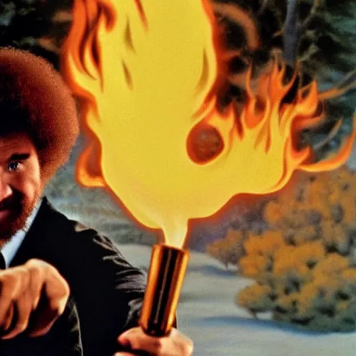 Prompt: bob ross holding a flame thrower