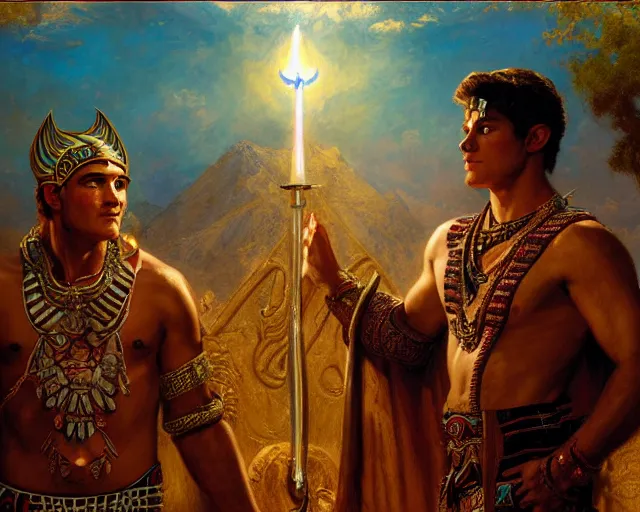 Image similar to attractive male aztec deity, casting aztec magic, summoning handsome panther night star. highly detailed painting by gaston bussiere, craig mullins, j. c. leyendecker 8 k