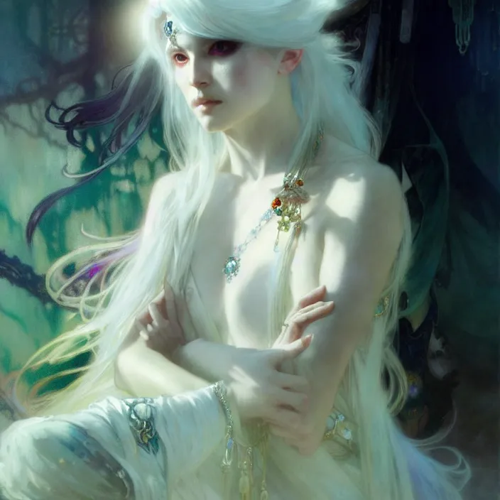 Image similar to a beatiful white haired princess, adorned with precious stone jewelry, intricate concept art, ethereal, ominous, dramatic lighting, Ruan Jia and Jeremy Mann and Alphonse Mucha