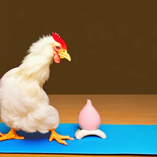 Image similar to A realistic baby Chiken doing yoga, photorealistic,