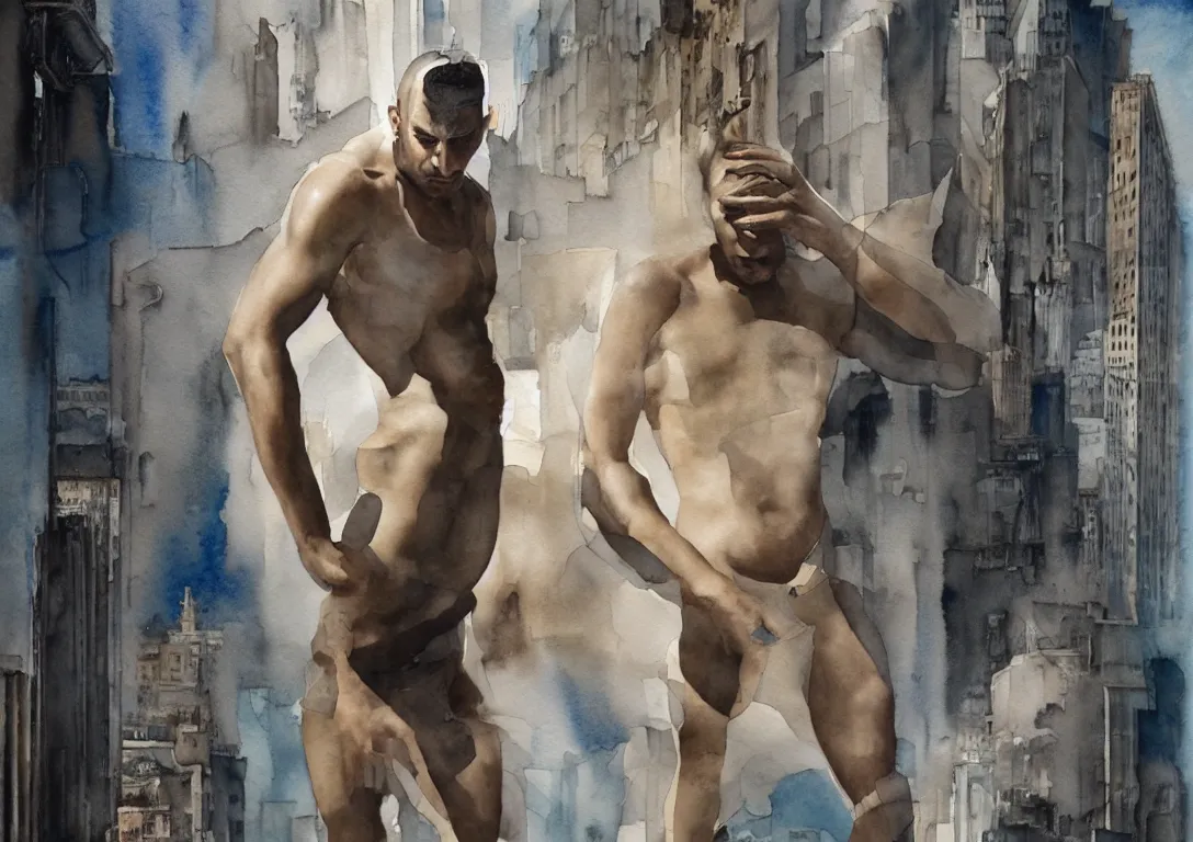 Prompt: a latino greek god searching through the streets of a watercolor glass and steel metropolis, muted color scheme, by olivier valsecchi, victor brauner and moebius