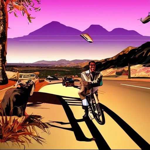 Prompt: grand theft auto ( gta ) landscape in the style of dali, trending on artstation