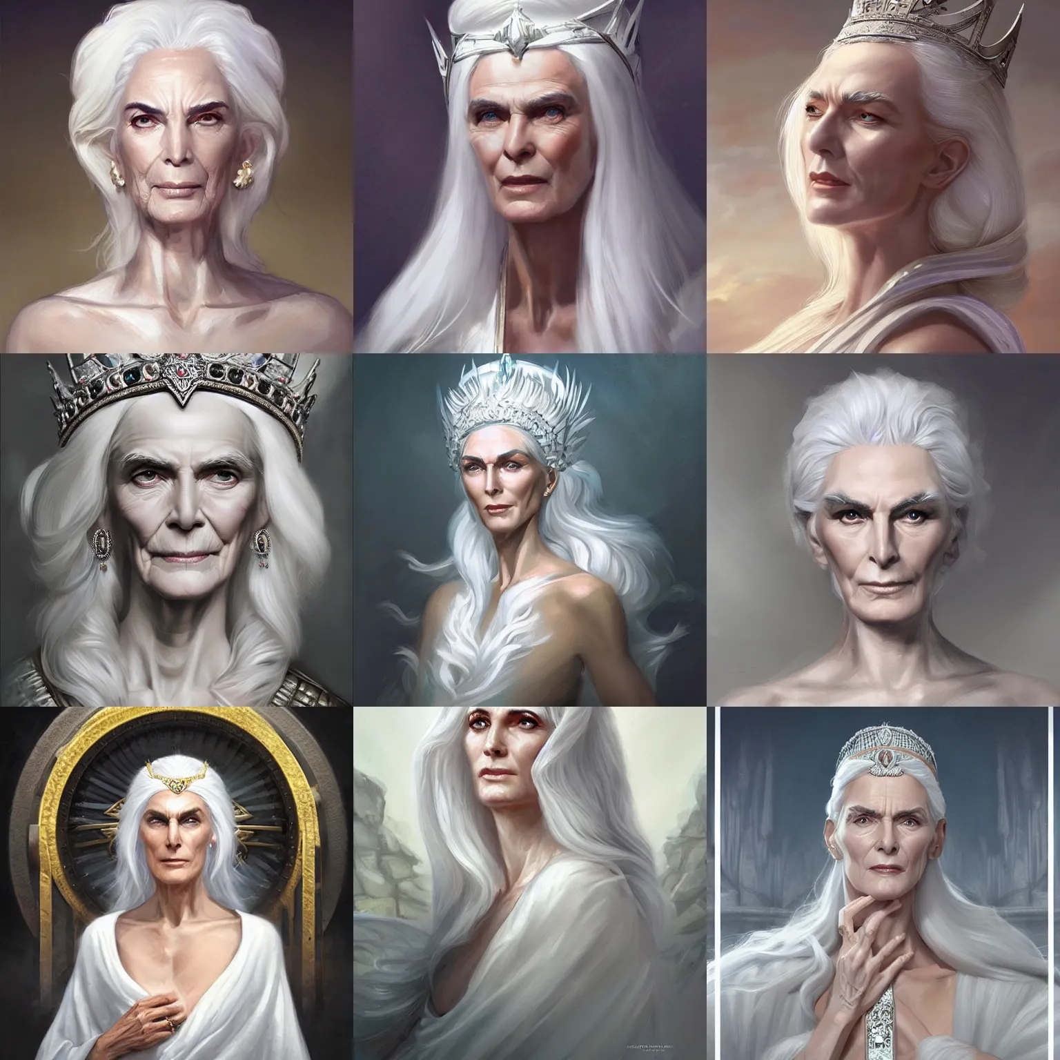 Image similar to elderly greek goddess, queen, white hair, white tunic, carmen dell ’ orefice, regal, art by artgerm and greg rutkowski and magali villeneuve, d & d, fantasy, portrait, highly detailed, digital painting, trending on artstation, concept art, sharp focus, illustration