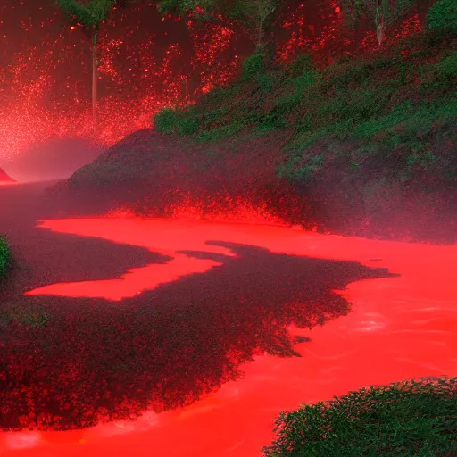 Image similar to river of glowing red hot lava in the middle of the jungle, digital art, photorealistic, trending on artstation