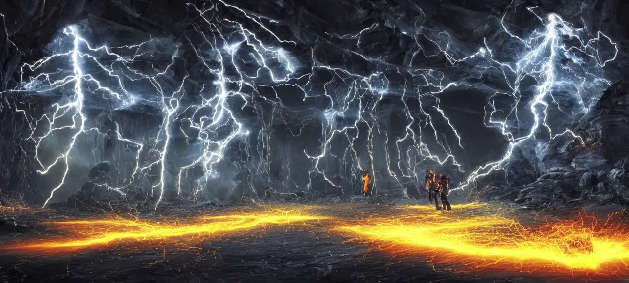 Prompt: Six wizards shooting magic fireballs and energy beams from staffs on comic character Black Adam, who fighting back with his bolts of electricity, dark ancient cave full of glowing sparks floating randomly around and lighting, fluid particles rising from ground, great digital art with details, by Lee Madgwick and Martin Johnson Heade