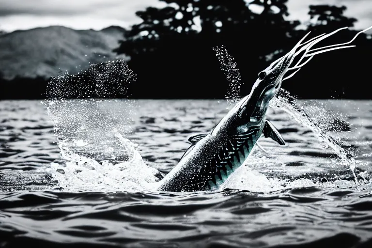 Prompt: a real life gyarados swimming in a lake, sight proof, black and white, blurry, old camera, grainy, motion blur, unfocused, full body shot, wide angle