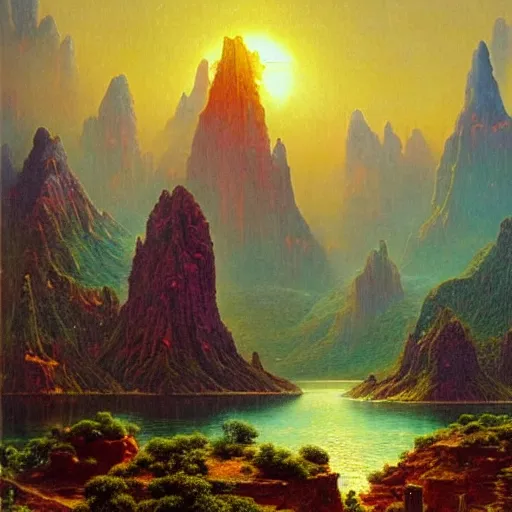 Prompt: world of bruce pennington, beautiful extremely detailed landscape oil on canvas in the style of 1 9 th century hudson river school of art