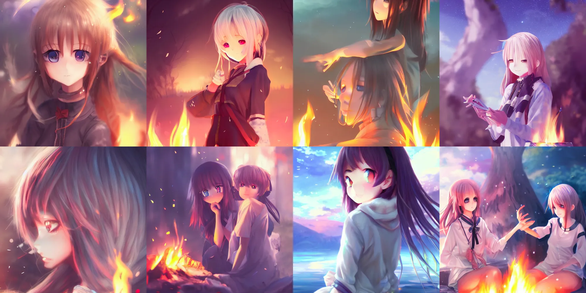 Prompt: anime cute girls around campfire trending on artstation hyperdetailed Unreal Engine 4k 8k ultra HD illustration digital pixiv concept art manga cover by sakimichan