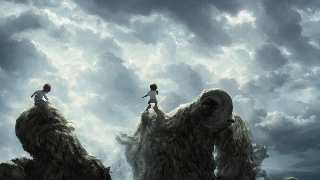 Image similar to boy falls off falkor in a storm. the neverending story. greg rutkowski. melancholy undertones. 3 8 4 0. 2 1 6 0.