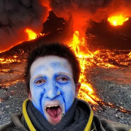 Image similar to , funny and frightened ukrainian burned to bones bleeding in dirty yellow and blue rags on the background of a huge nuclear explosion selfie 2 0 2 2