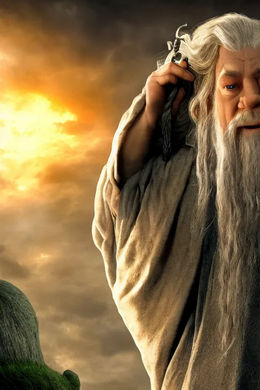 Prompt: film still of gandalf as shrek in lord of the rings movie, glamour pose, dramatic lighting, octane, volumetric lighting, 8 k