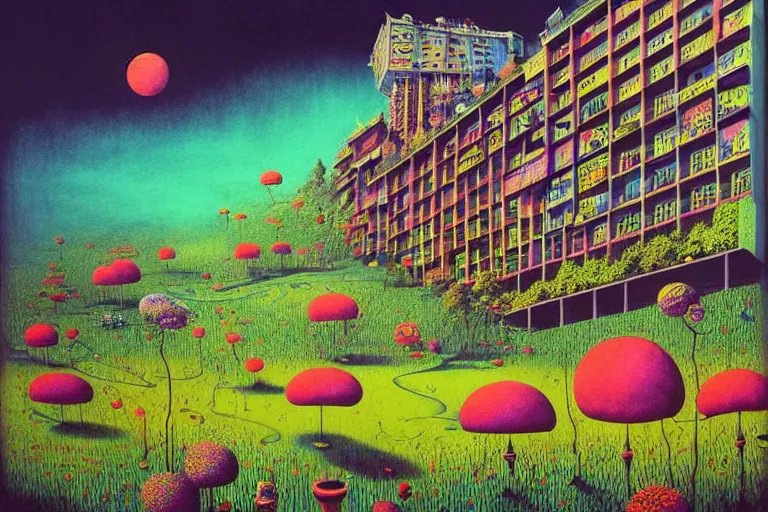 Prompt: surreal glimpse into other universe, hotel genting highland, summer morning, very coherent and colorful high contrast, art by!!!! gediminas pranckevicius!!!!, geof darrow, floralpunk screen printing woodblock, dark shadows, hard lighting, stipple brush technique,