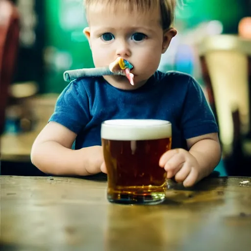 Image similar to toddler smoking a cigarette and drinking his favorite pint in a pub after a hard day of toddling