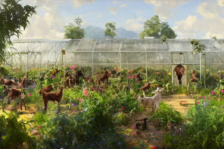 Image similar to weed greenhouse with hundreds of goats in the yard, goat farm, rococo style, greek architecture, green marble building, marijuana trees, multicolored weed leaves, dynamic lighting, landscape, artwork by jeremy lipkin and giuseppe dangelico pino and michael garmash and rob rey and greg manchess and huang guangjian and makoto shinkai, pixiv, 1 0 0 mm