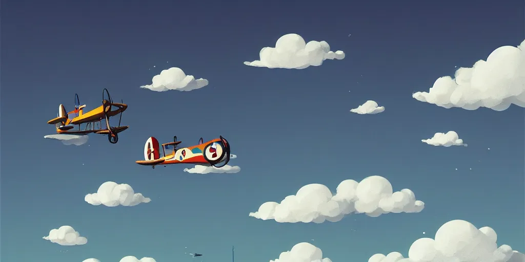 Image similar to an biplanes with puffy clouds by Goro Fujita and Simon Stalenhag , 8k, trending on artstation, hyper detailed, cinematic