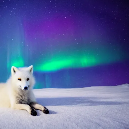 Prompt: white background, snow blanket, arctic fox sitting down, side view, fully body, fox looking up, fox enjoying the sun, matte painting, aurora borealis