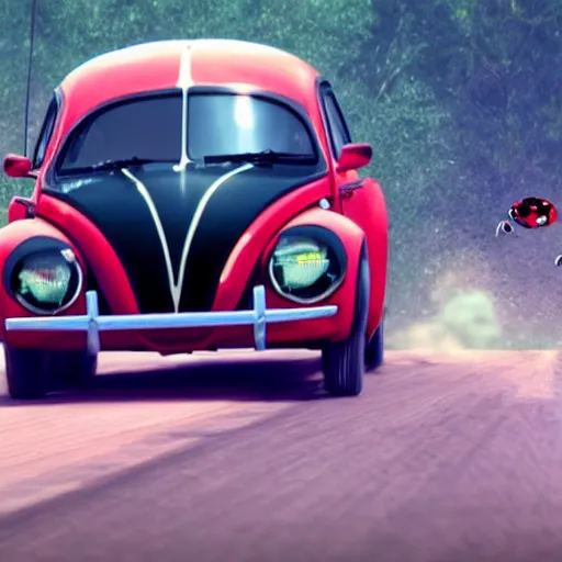 Image similar to promotional movie scene of a ( volkswagen beatle ) and lady bug hybrid. a volkswagen merged into a bug. it is racing down a dusty back - road. cinematic, 4 k, imax, 7 0 mm