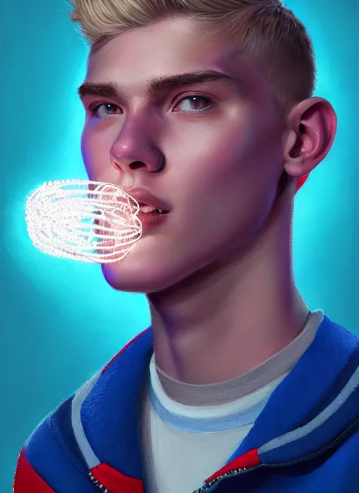 Image similar to portrait of high school senior boy named big moose, blonde short hair, jock, beefy, wide face, square jaw, square facial structure, blue varsity jacket with letter r, intricate, elegant, glowing lights, highly detailed, digital painting, artstation, concept art, sharp focus, illustration, art by wlop, mars ravelo and greg rutkowski