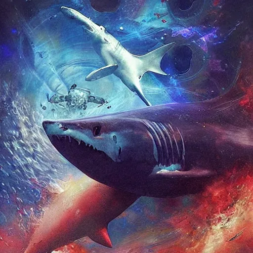 Image similar to dane cook fighting a shark in outer space, psychedelic ultra-detailed symmetrical focused ayahuasca art by artem demura