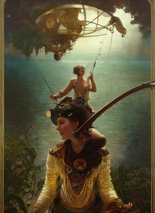 Image similar to hyper realistic fisherman, birds eye view, magical, gems, jewels, gold, steampunk, cyberpunk utopia, painted by tom bagshaw, mucha, gaston bussiere, craig mullins, j. c. leyendecker 8 k