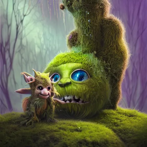 Image similar to a surreal bioluminescent, very very very cute hairy mossy forest goblin made of bark in a happy forest world by bobby chiu, daniel merriam, trending on artstation, oil on canvas by elena zhurikhina and goro fujita and charlie bowater, octane render, 4 k, 8 k, hd