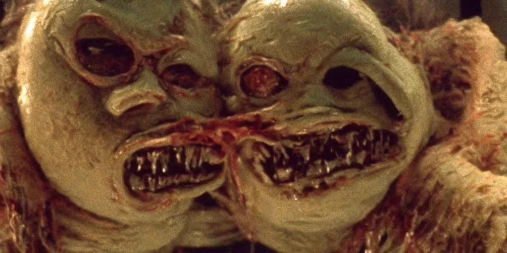 Image similar to filmic extreme closeup dutch angle movie still 4k UHD interior 35mm film color photograph of a a detached snarling distorted deformed human head protruding out of a mutated abstract shape shifting organism made of human internal organs, in the style of a horror film The Thing 1982