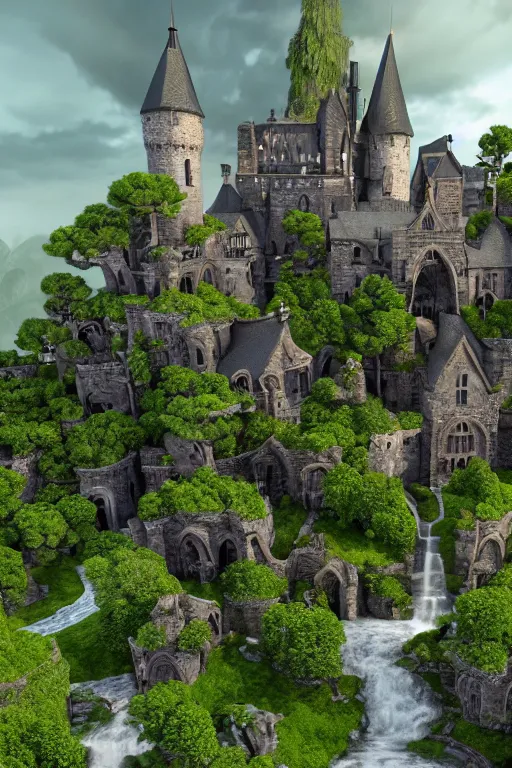 Image similar to First person matte painting of witch academy castle with many bonsai trees on the right with small waterfall, highly detailed garden in the middle, many stone statues, gothic building style, highly detailed, 4k, 8k resolution, trending on artstation, artstationHD, artstationHQ, octane render.