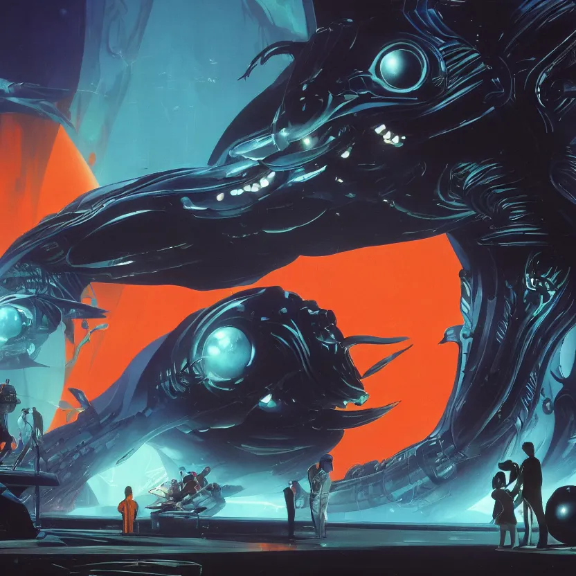 Prompt: close - up view of silhouettes watching a giant dark sci - fi alien sea creature with big glowing eyes in a giant futuristic fish tank, deep blue colors, highly detailed science fiction painting by syd mead, roger dean, and moebius. rich colors, high contrast, black background. unreal engine, artstation.