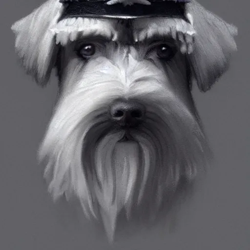 Prompt: portrait of stoic looking miniature schnauzer, military uniform, black fir, white eyebrows, fantasy, intricate, elegant, highly detailed, centered, dark, smokey, charcoal painting, digital painting, artstation, concept art, smooth, sharp focus, illustration, art by greg rutkowski