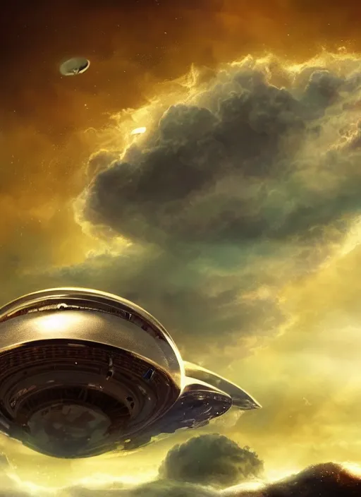 Image similar to large alien spaceship souring through clouds, detailed, high quality, ultra detail, top light, resources background, gold, sunny, puffy clouds, cinematic, concept art
