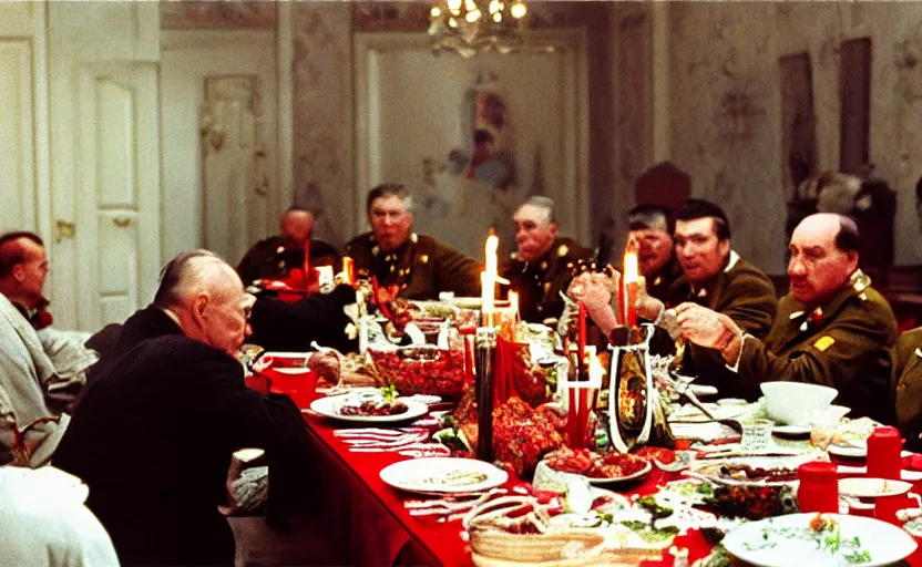 Image similar to Soviet generals sitting around a big dinner table with candles in the shining by stanley kubrick, shot by 35mm film color photography