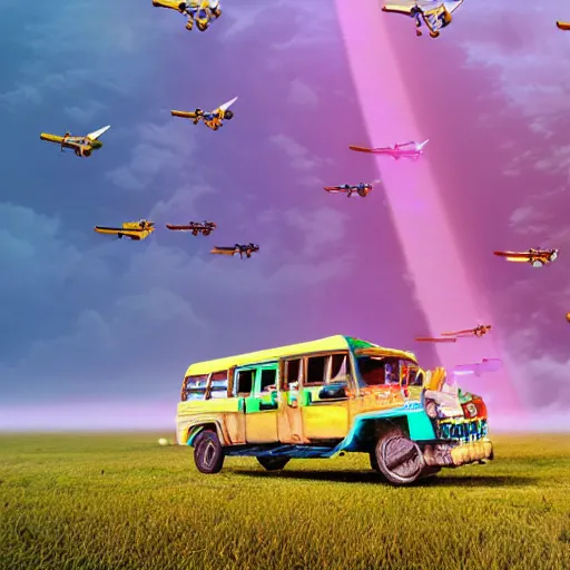 Prompt: a fleet of flying philippine jeepney above the clouds, lens flare, wide shot, digital art