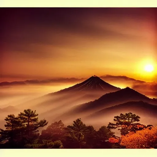 Image similar to photo of sunraise at a Japanese temple, beautiful, golden ratio, instagram, high detail, mist, light rays