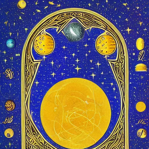 Image similar to a beautiful cosmos of celestial bodies in the style of illuminated manuscript, extremely detailed, trending on artstation