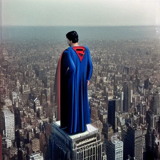 Image similar to superman from back hands on waist standing on top of the empire state building strong stance photo by annie leibovitz