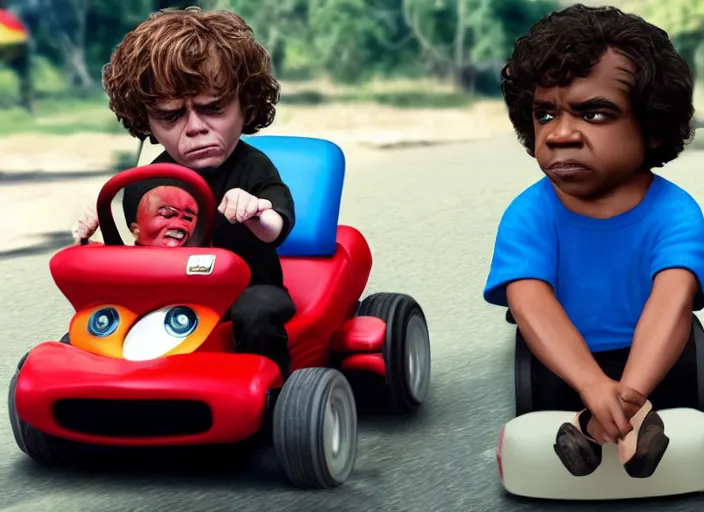 Image similar to peter dinklage racing gary coleman driving a little tikes cars, movie still, from the new fast and furious movie, 8 k, realistic